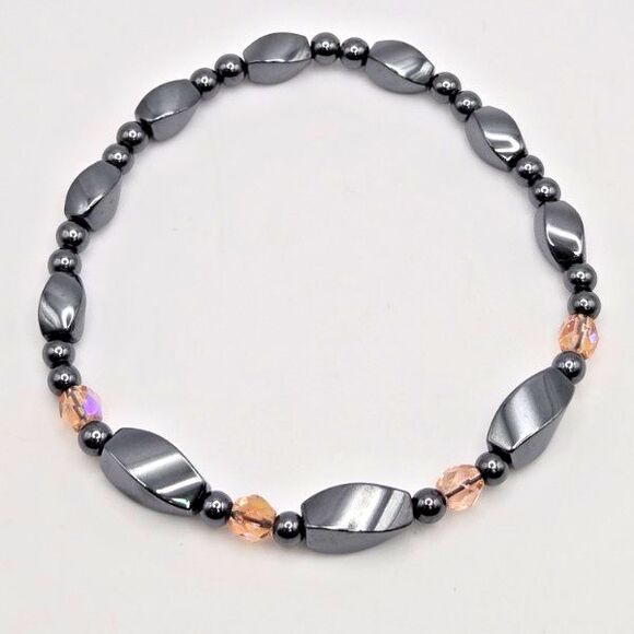 Hematite Beaded‎ Handmade Stretch Bracelet with Pink Glass Bead Accents - Picture 1 of 4
